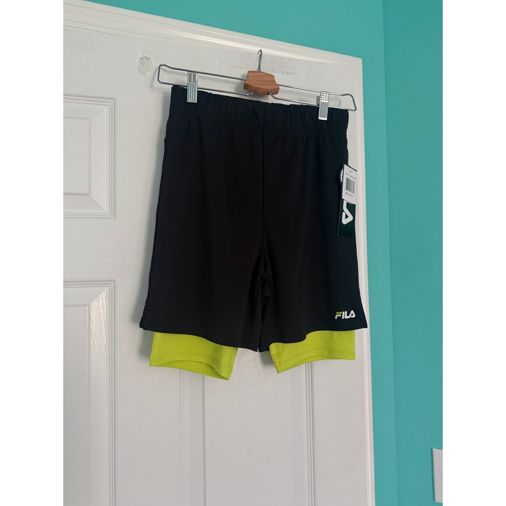 Fila Boys 2-in-1 Athletic Shorts Black Acid Lime Size M 10/12 NWT